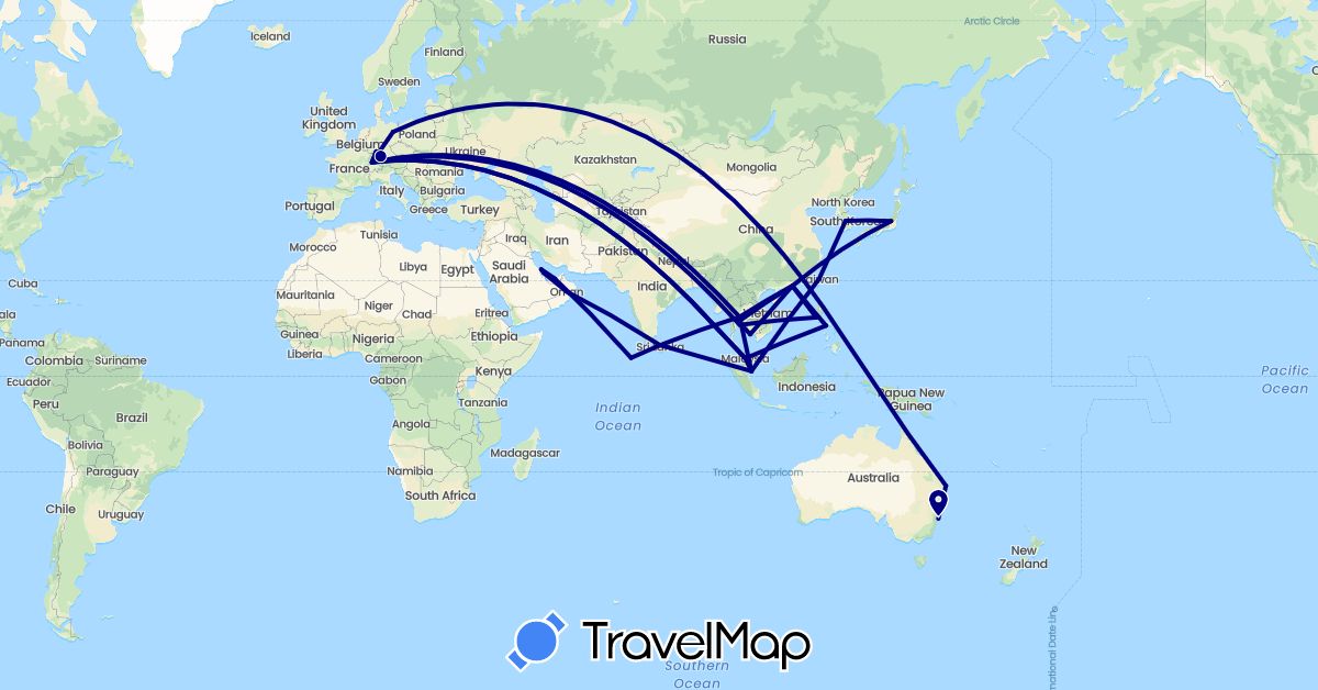 TravelMap itinerary: driving in United Arab Emirates, Australia, Bahrain, China, Germany, Japan, Cambodia, South Korea, Sri Lanka, Maldives, Malaysia, Oman, Philippines, Qatar, Singapore, Thailand, Taiwan (Asia, Europe, Oceania)